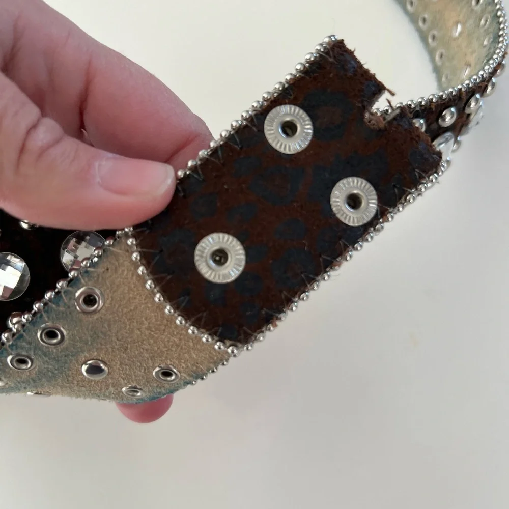 Leather Leopard‎ Print Rhinestone Silver Metal Western Studded Belt